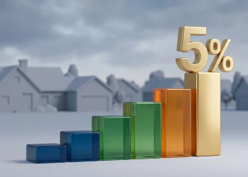 A conceptual financial chart showing a 5 percent milestone with a house icon.