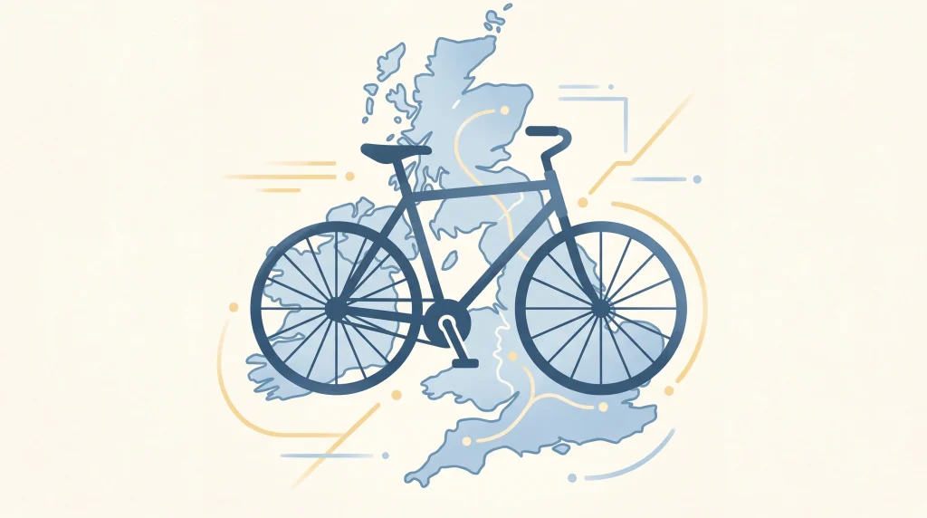 A conceptual illustration of a bicycle and a map of the United Kingdom.