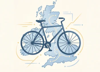 A conceptual illustration of a bicycle and a map of the United Kingdom.