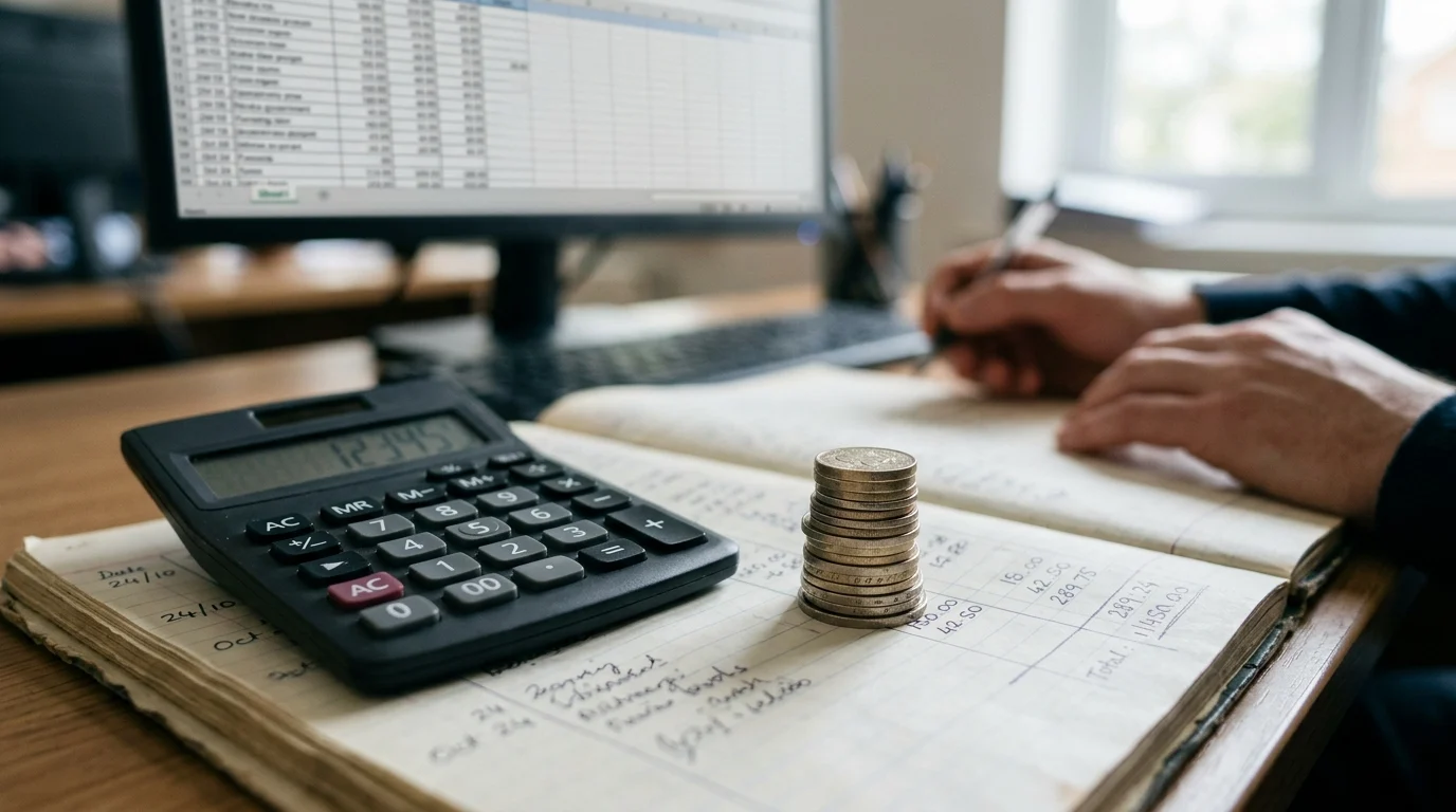 Coins and calculator on a financial ledger