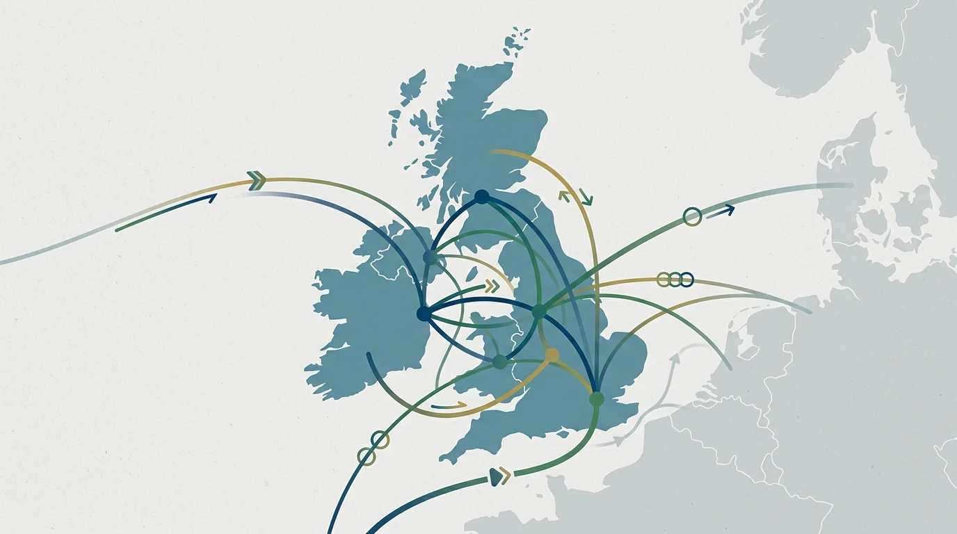 A conceptual graphic illustrating cross-border cooperation between the UK and Ireland.