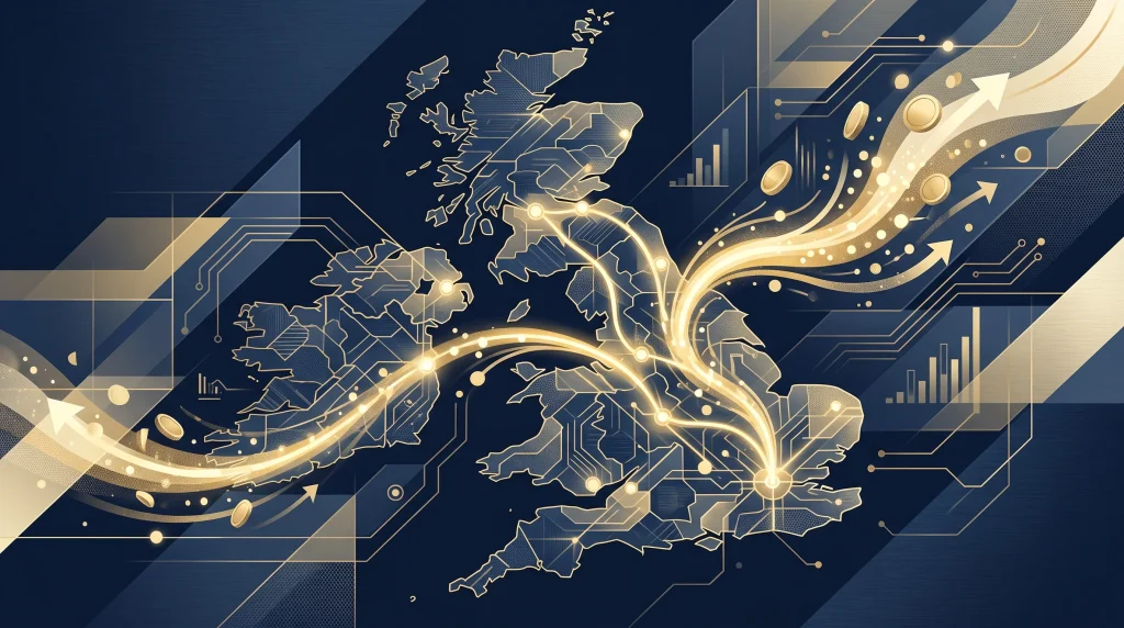 A conceptual illustration of digital currency and a map of the UK.