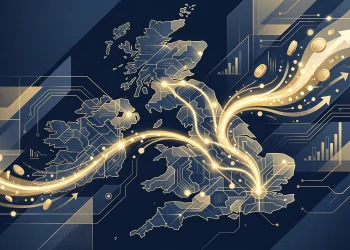 A conceptual illustration of digital currency and a map of the UK.