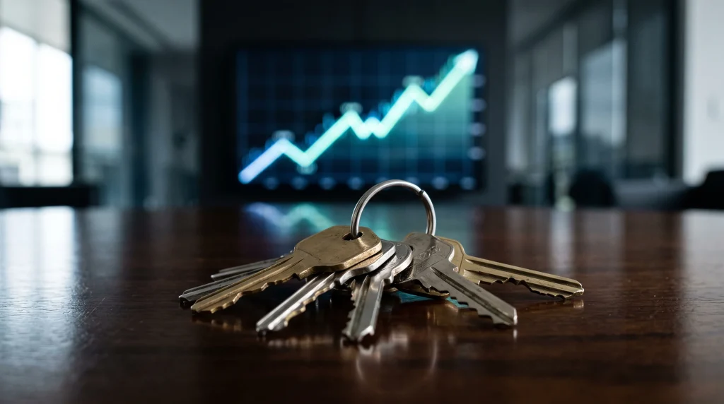 Conceptual image of house keys and a rising market graph.