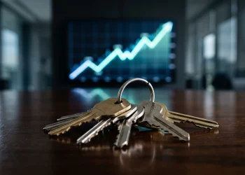 Conceptual image of house keys and a rising market graph.