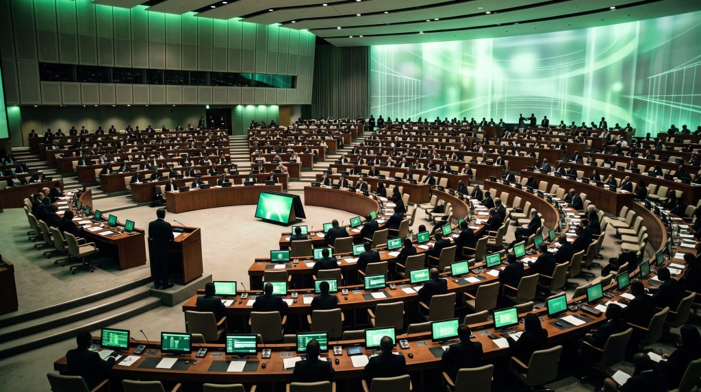 A conceptual view of a diplomatic assembly hall representing the .