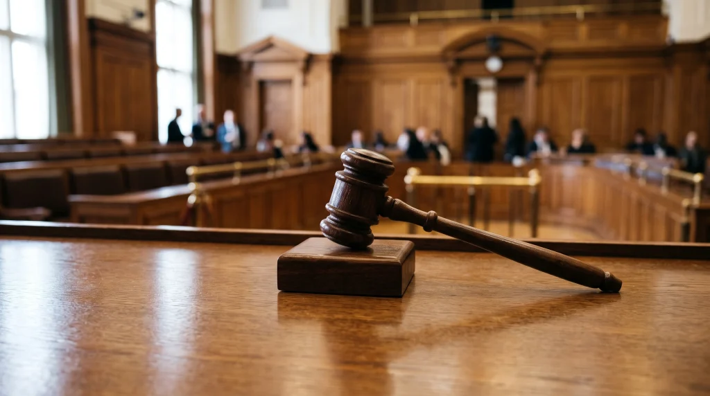 A wooden gavel in a formal assembly room representing a diplomatic decision.