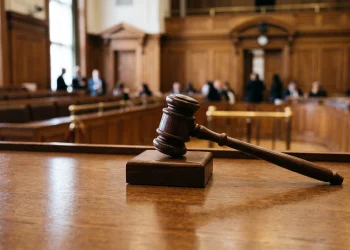 A wooden gavel in a formal assembly room representing a diplomatic decision.