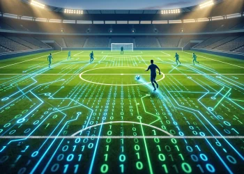 Conceptual art showing digital data streams projected onto a football field.
