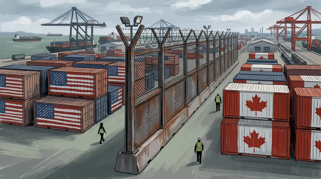 Conceptual illustration of a trade barrier between the US and Canada.