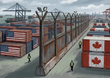 Conceptual illustration of a trade barrier between the US and Canada.