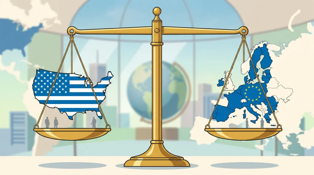 Conceptual illustration of US and EU legal jurisdiction represented by scales of justice.