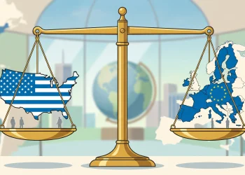 Conceptual illustration of US and EU legal jurisdiction represented by scales of justice.