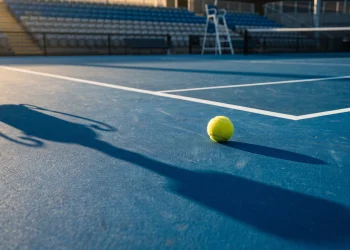 A tennis ball sits on a blue hard court with a trophy-shaped shadow.