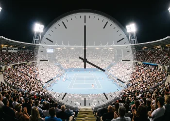 A conceptual view of a tennis stadium late at night with a clock face.