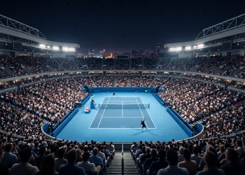 A conceptual view of a tennis stadium at night under bright floodlights.