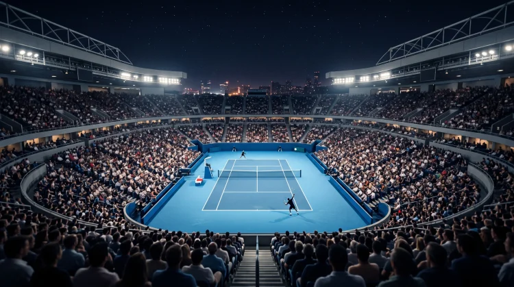 A conceptual view of a tennis stadium at night under bright floodlights.