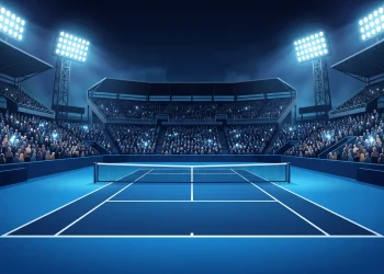 A professional blue hard-court tennis stadium under bright lights at night.