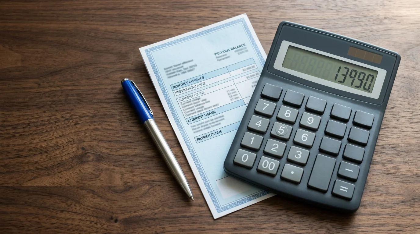 A calculator and a utility bill on a desk representing household financial planning.