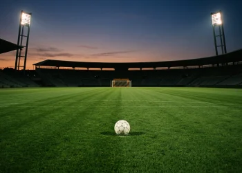 A lone football sitting on a professional grass pitch under stadium lighting.