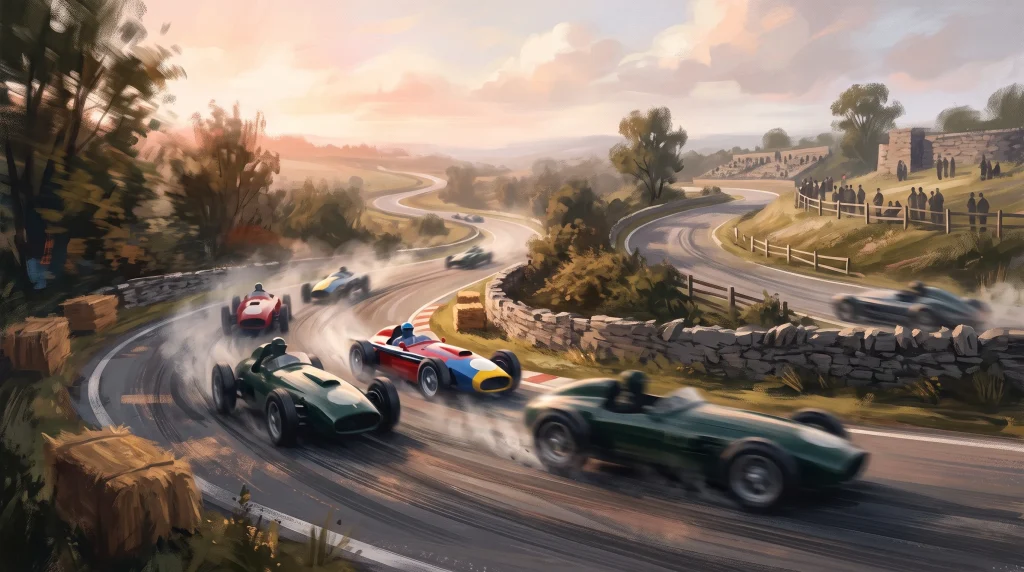 A conceptual illustration of vintage racing cars on a historic motor circuit.