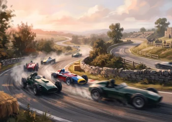 A conceptual illustration of vintage racing cars on a historic motor circuit.
