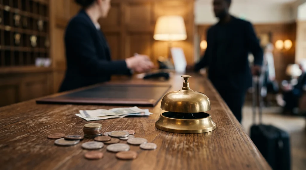 A conceptual illustration of a hotel service bell and coins representing a tourist tax.
