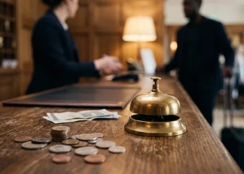 A conceptual illustration of a hotel service bell and coins representing a tourist tax.