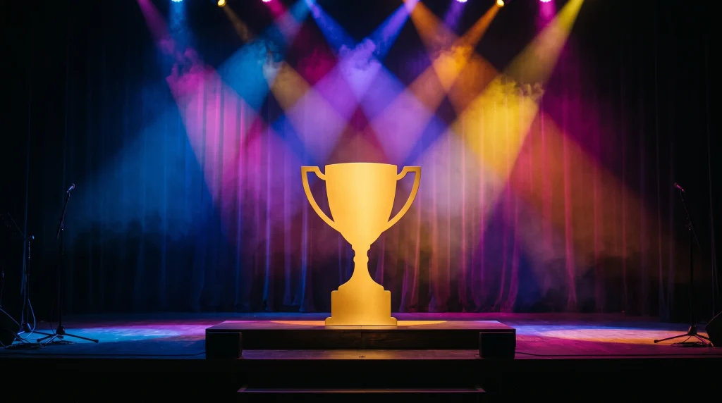 A golden award trophy silhouette against colorful stage lights.