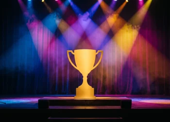 A golden award trophy silhouette against colorful stage lights.