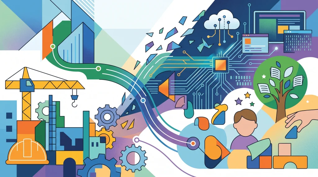 Conceptual illustration representing various vocational sectors including construction and technology.
