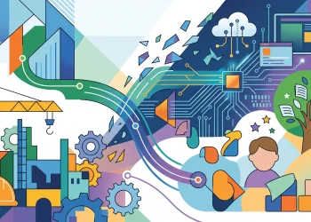Conceptual illustration representing various vocational sectors including construction and technology.