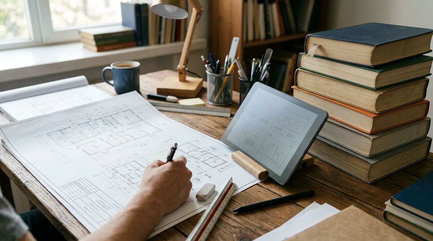 A desktop featuring a tablet and technical plans, symbolising vocational learning.