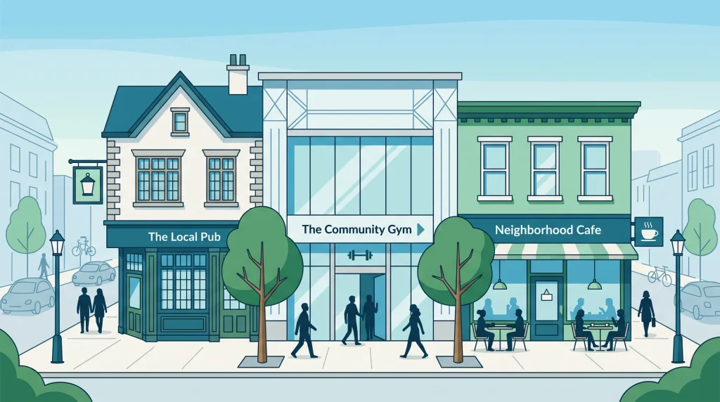 Illustration of a local high street showing various small businesses.
