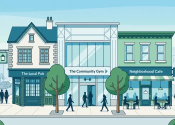Illustration of a local high street showing various small businesses.