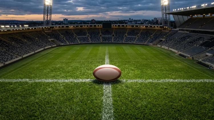 A rugby ball positioned on a pitch under stadium lighting.