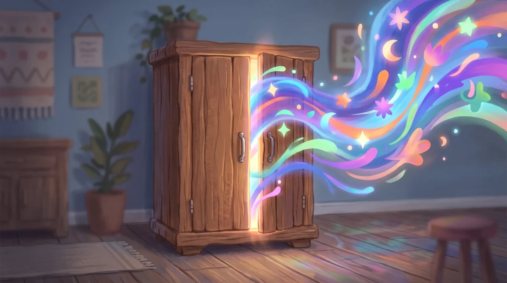 Conceptual illustration of an imaginative wardrobe with colourful light.
