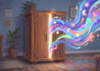 Conceptual illustration of an imaginative wardrobe with colourful light.