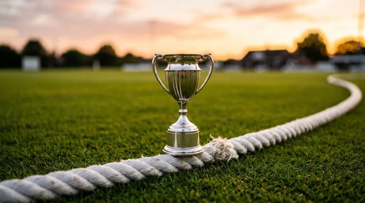 A silver championship trophy on a cricket field at sunset.
