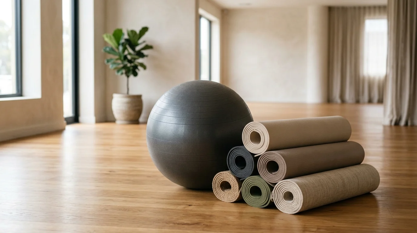A close-up of yoga equipment in an empty studio.