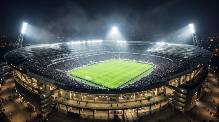 A wide view of a modern football stadium under bright lights at night.