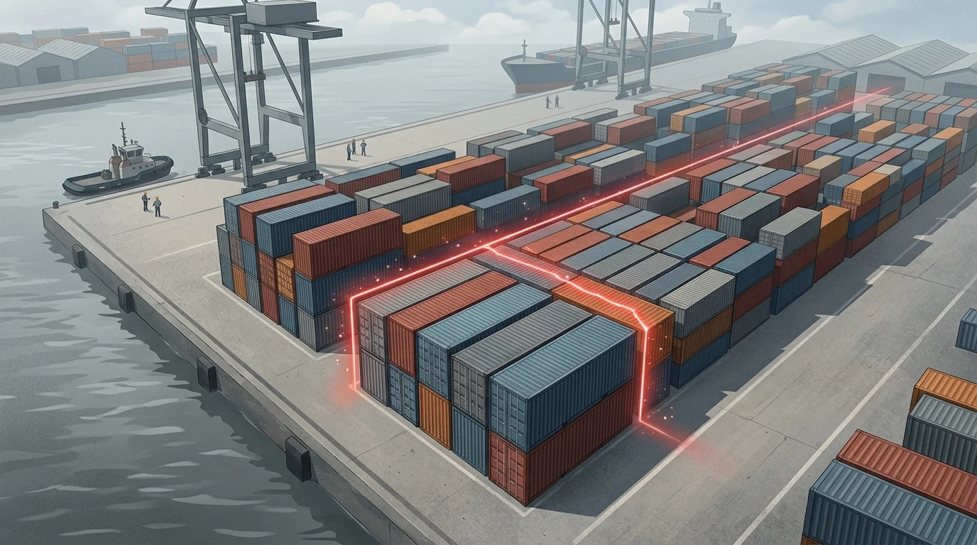A conceptual illustration of trade restrictions and shipping containers.