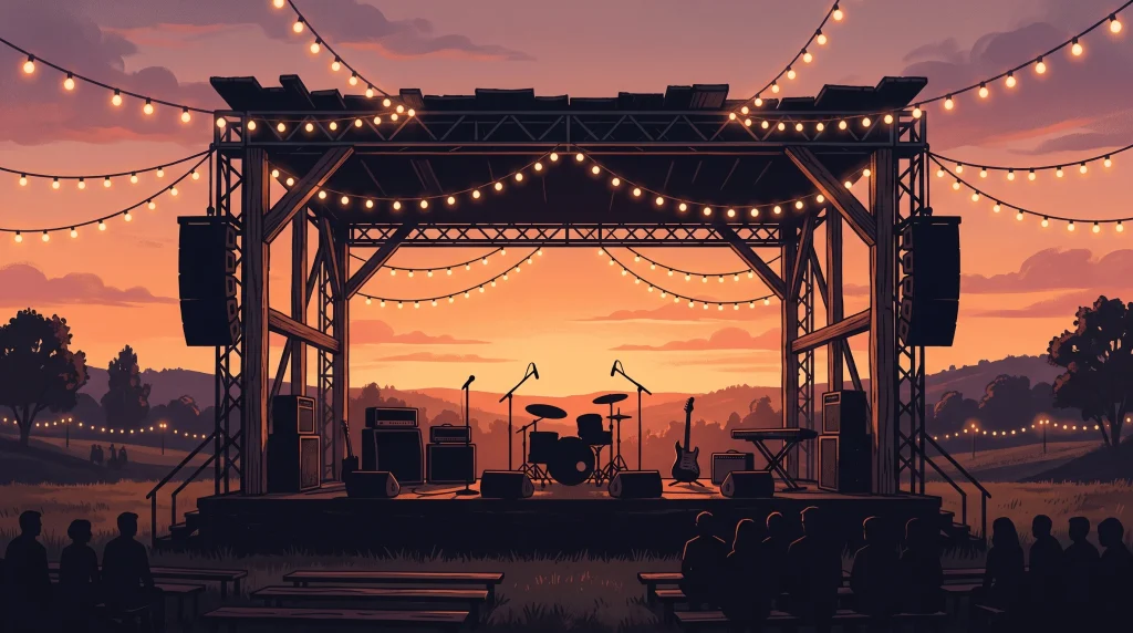 A conceptual illustration of an outdoor music festival stage under a sunset sky.