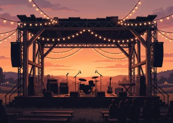 A conceptual illustration of an outdoor music festival stage under a sunset sky.