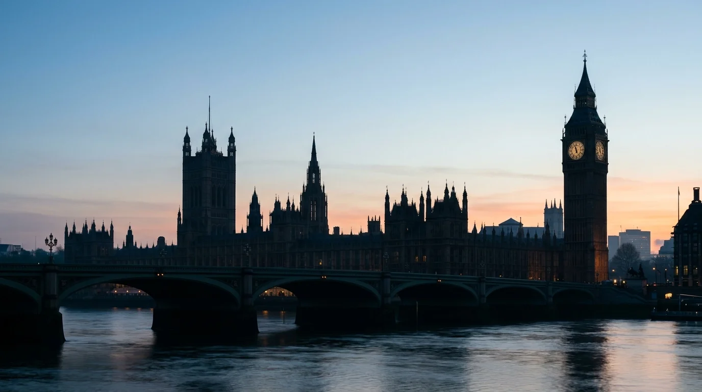 A minimalist silhouette of the Houses of Parliament.