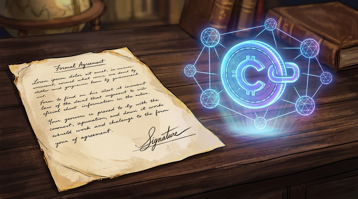 A signed paper document next to a holographic digital asset icon.