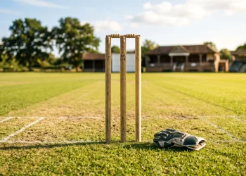 A single cricket wicketkeeping glove left on a grass field near the stumps.