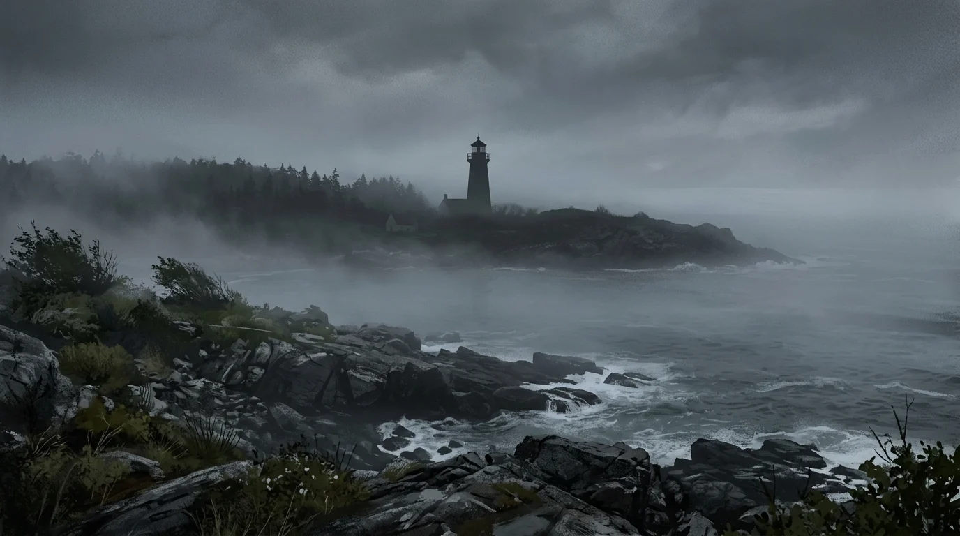 A foggy coastal scene with a lighthouse.