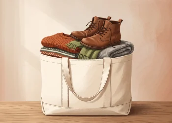 A packed donation bag with winter clothing ready for a charity shop.