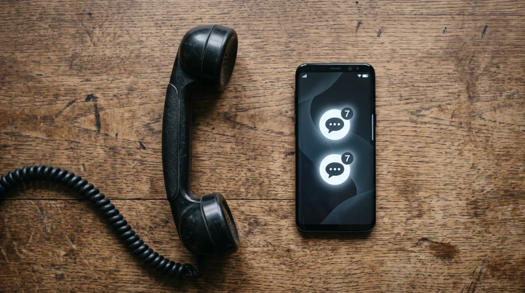 A conceptual image showing a traditional telephone and a smartphone on a desk.